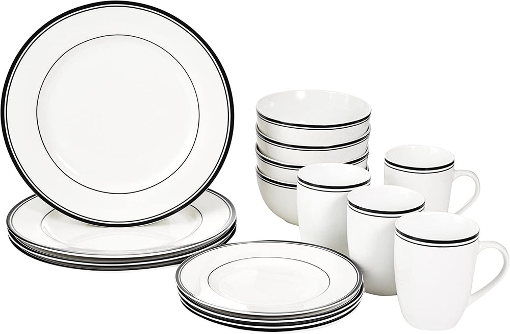 Set de veselă Amazon Basics Cafe cu margine neagră, 16 piese, pentru 4 persoane