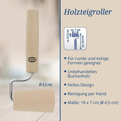 Dr. Oetker Teigroller aus Holz – Teigrolle aus højkvalitets Buchenholz – Perfekt für round und eckige Formen – ca. 18 x 7 cm, Rolle Durchmesser ca. 4,5 cm