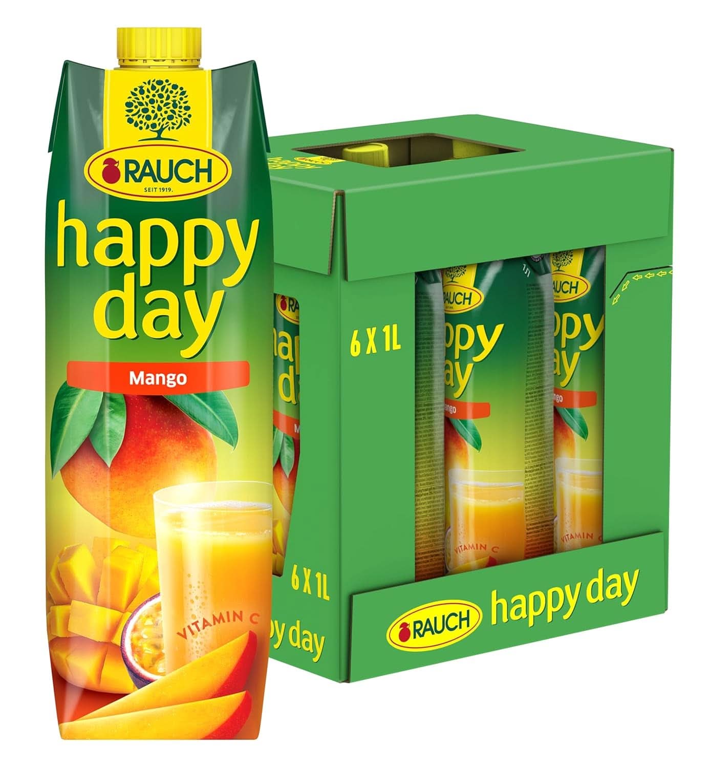 Rauch Happy Day Mango | Băutură rafinată cu fructul pasiunii | O mulțime de vitamina C | 6 x 1 litru, Tetra Prisma Naty Shop 6 x 1 litru Mango