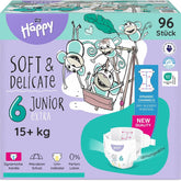 Bella Baby Happy Premium bleer, str. 6, Junior Extra, 15+ kg, 96 styk, DERMATEST og OEKO-TEX Seal, engangs babybleer