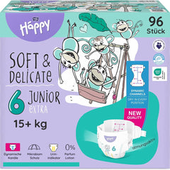 Bella Baby Happy Premium bleer, str. 6, Junior Extra, 15+ kg, 96 styk, DERMATEST og OEKO-TEX Seal, engangs babybleer