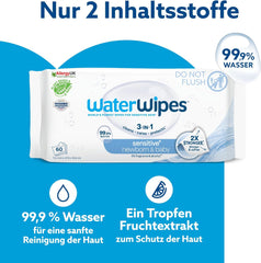 WaterWipes Sensitive+ vådservietter til nyfødte og babyer, 540 stykker (9 pakker), 3-i-1 rengøring, pleje, beskyttelse, 99,9 % vand, parfumefri