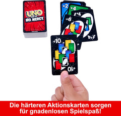Mattel UNO Show 'em No Mercy - 56 ekstra kort, udfordrende actionkort og brutale spilleregler for den mest nådesløse version, stabelregel og håndudveksling, alder 7+, HWV18