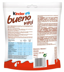 Kinder Bueno Mini - Crunchy Wafer chokoladebarer, mælkecreme og hasselnødder og fin mælkechokolade - Karnevalsgodbidder - 1 pose mini individuelt indpakkede stænger (1 x 108 g)