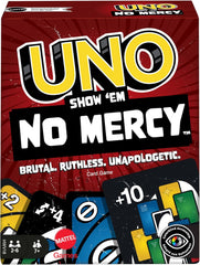 Mattel UNO Show 'em No Mercy - 56 ekstra kort, udfordrende actionkort og brutale spilleregler for den mest nådesløse version, stabelregel og håndudveksling, alder 7+, HWV18