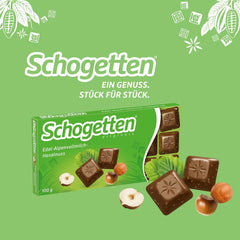 Schogetten Premium Alpine mælkechokolade med hasselnødder, 100 g chokoladebar, individuelt portioneret. En fryd. Stykke for stykke.