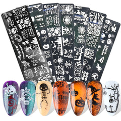 JMEOWIO Nagel Stamping Schablone Halloween 6 Stück Nagelstempel Schablone Nail Art Dekoration Nageldesign Zubehör Böse Gruselige Kürbis-Geisterhexe