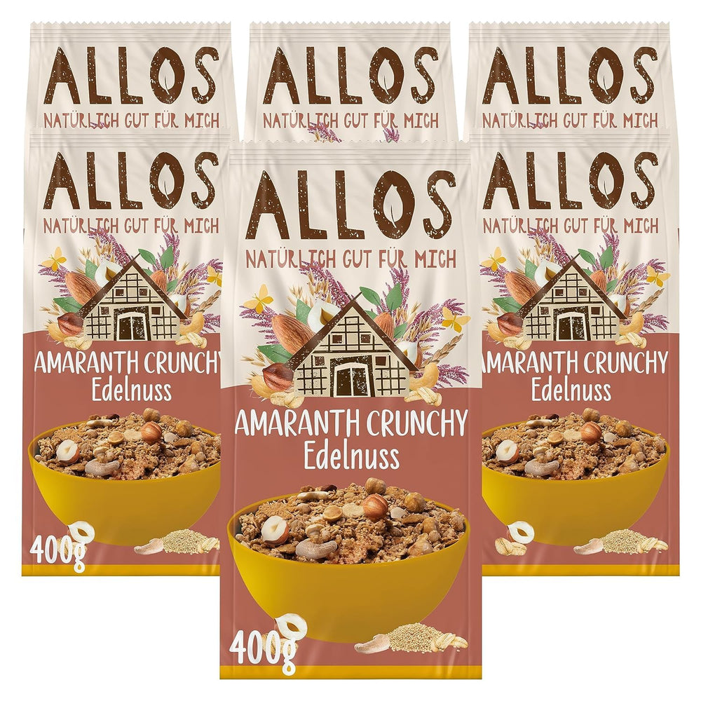 Premium crunchy müsli med valnødder og amaranth Allos | Økologisk müsli | Müsli med nødder | Havregryn | Korn til morgenmad | Vegansk | Pakke med 6 (6 x 400 g)