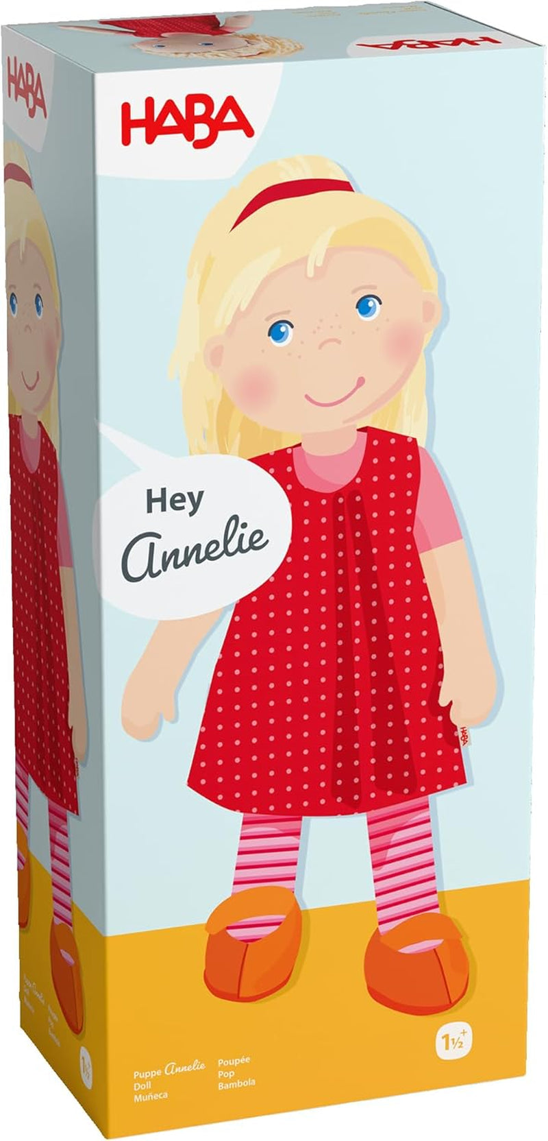 HABA 302108 - Păpușă Annelie, păpușă de cârpă cu haine și păr, 30 cm, jucărie de la 18 luni, roșu Papusi Naty Shop