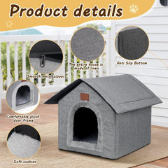 Katzenhaus Outdoor Winterfest, Katzenhöhle, Hundehöhle mit Abnehmbarem Plüschkissen, Wasserdicht Wetterfester, Hundehütte Indoor, Hundehaus für Drinnen/Indoor 35x30x35cm (Grau, S)