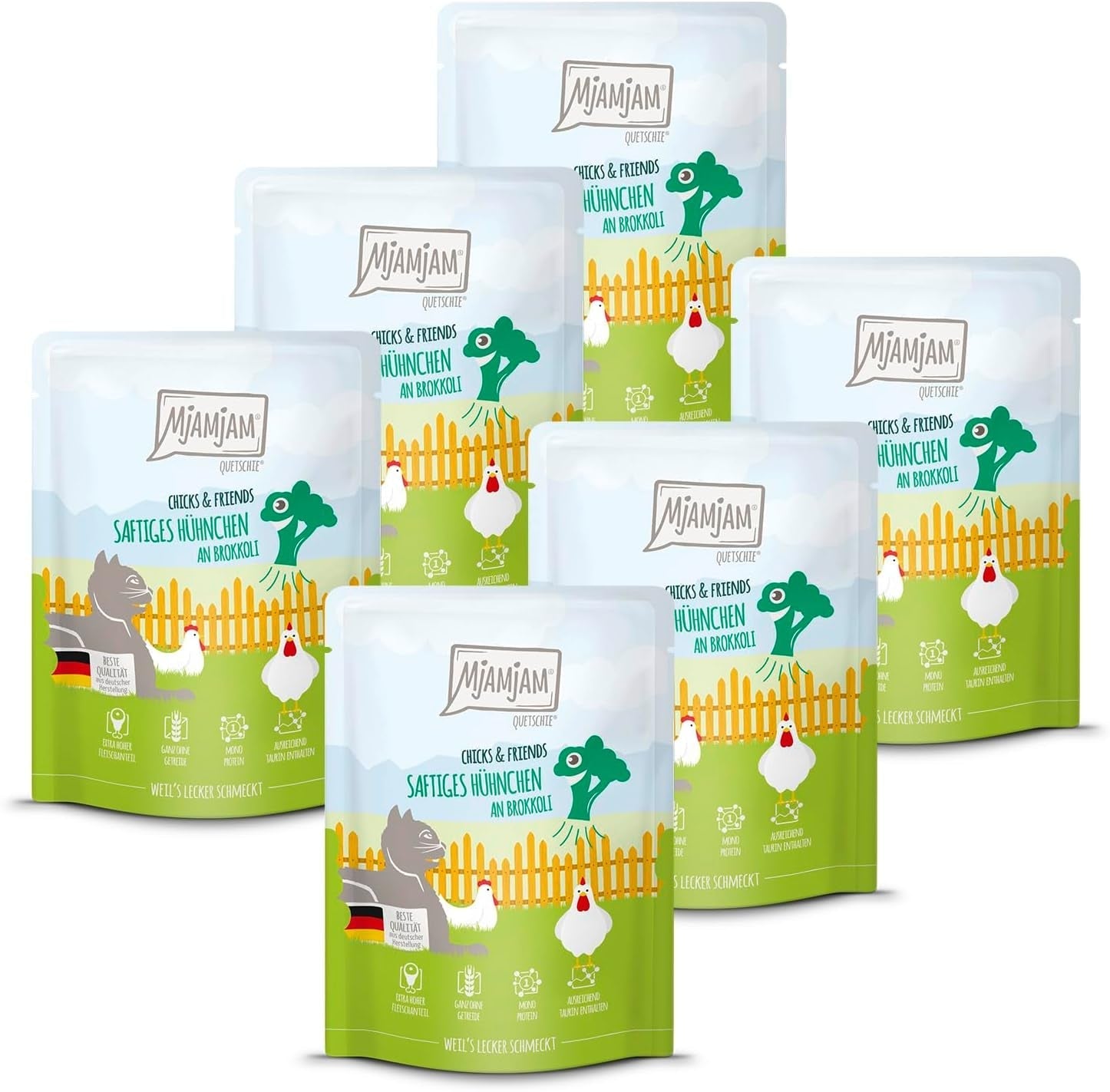 Mjamjam - Hrană umedă premium pentru pisici - Chicks & Friends Box, 9 pachete (9 X 300G), fără cereale și cu carne suplimentară