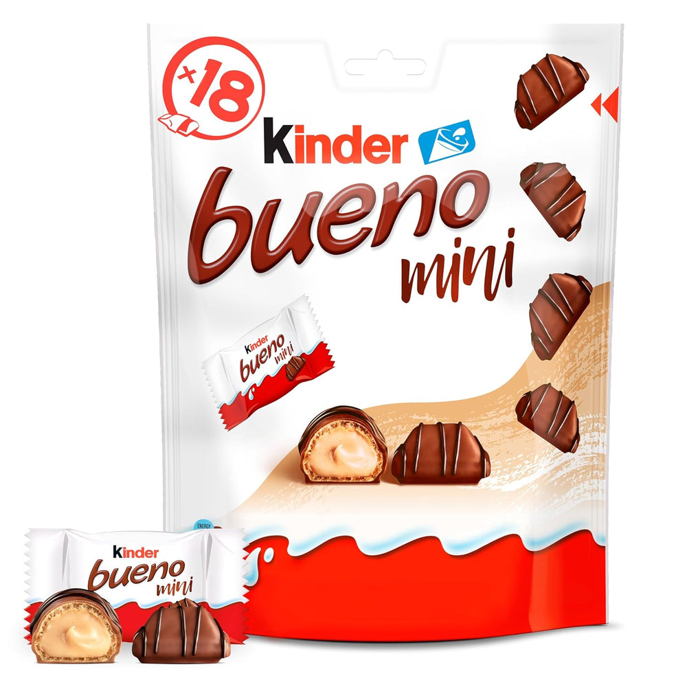 Kinder Bueno Mini - Crunchy Wafer chokoladebarer, mælkecreme og hasselnødder og fin mælkechokolade - Karnevalsgodbidder - 1 pose mini individuelt indpakkede stænger (1 x 108 g)