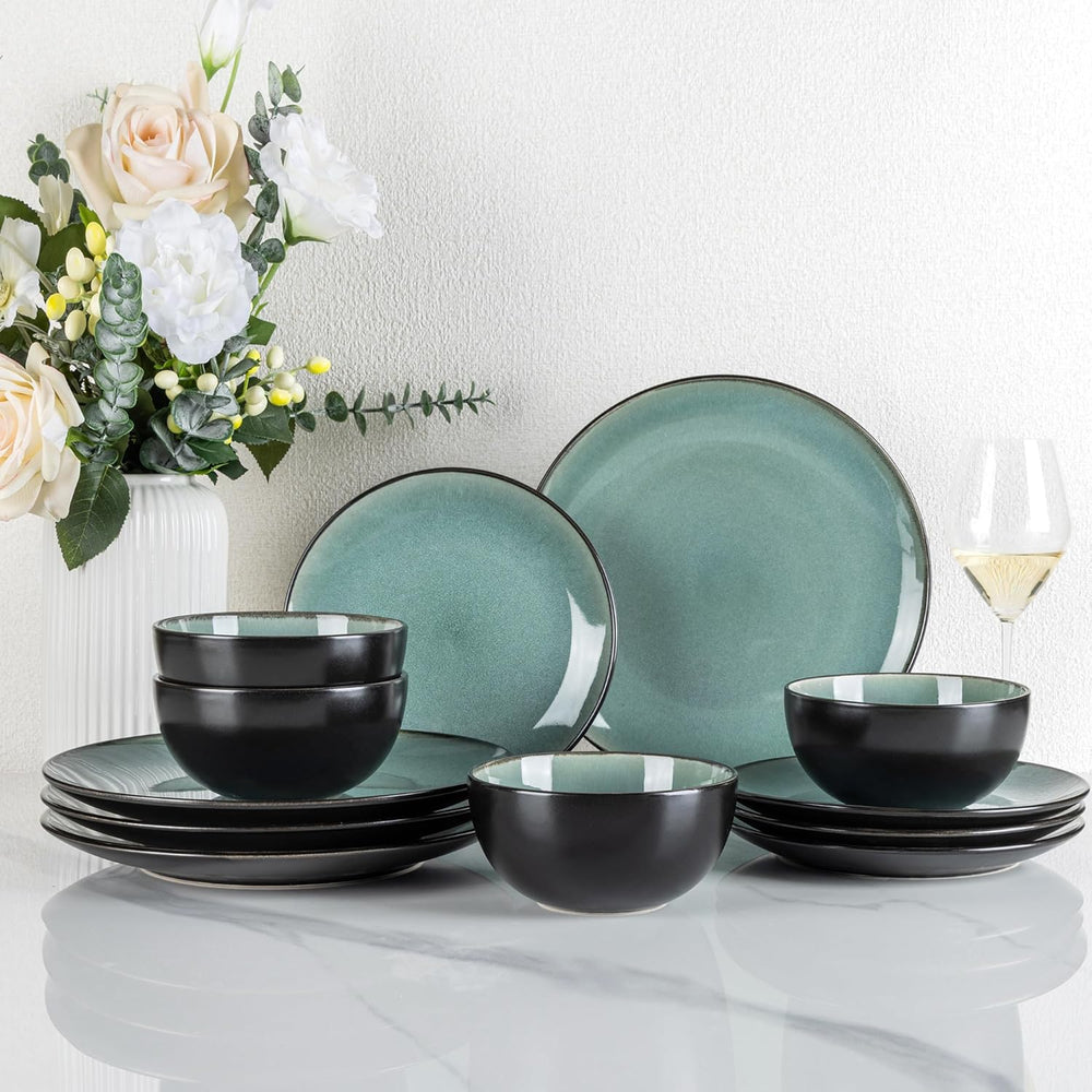 Set de veselă GBhome din gresie pentru 4 persoane, 12 piese, glazură reactivă, lucrat manual, potrivit pentru cuptorul cu microunde și mașina de spălat vase, set de bol și farfurie, culoare petrol, GDW025WB-EU