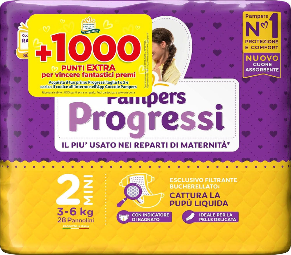 Pampers Progressi Mini, størrelse 2 (3-6 kg), 28 bleer Mor og barn Naty Shop