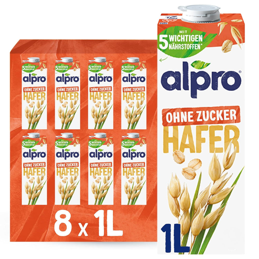 Alpro Haferdrink ohne Zucker – Milchalternative auf Haferbasis – Vegan og lactosefrei – Rich an Ballaststoffen, Calcium og Vitaminen – 8 x 1 L