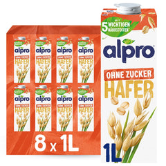 Alpro Haferdrink ohne Zucker – Milchalternative auf Haferbasis – Vegan og lactosefrei – Rich an Ballaststoffen, Calcium og Vitaminen – 8 x 1 L