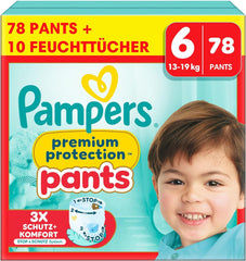 Pampers Premium Protection Pants Größe 6, 78 Windeln, 13kg-19kg, Mit 360° Fitform, 2x breiteren Bundchen as vorher for Komfort & Schutz + 10 Stück Pampers Aqua Baby-Weuchttücher enthalten
