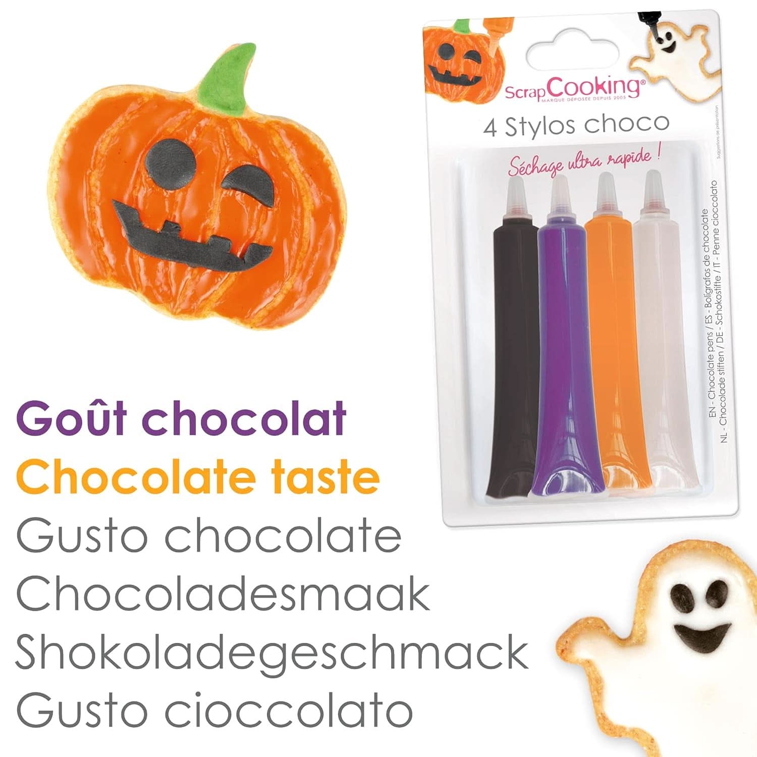 Scrapcooking - Set de 4 stilouri de ciocolată de Halloween - negru, portocaliu, violet și alb, scrieți și desenați pe deserturi, prăjituri și biscuiți Naty Shop