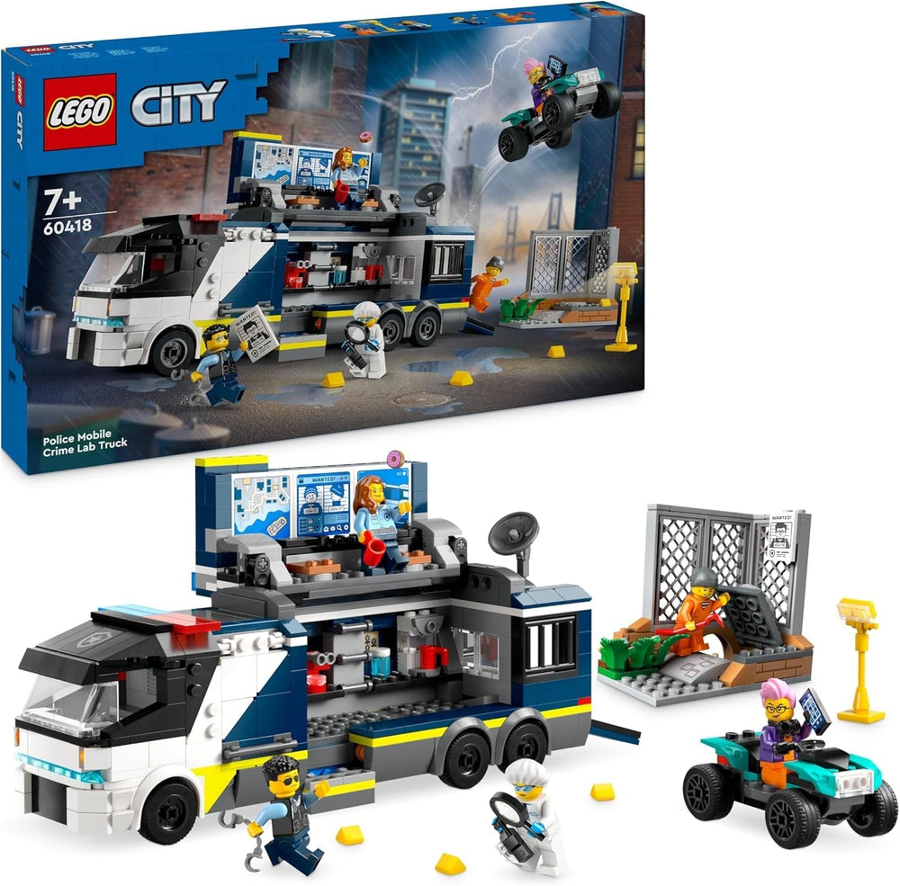 LEGO City politibil med laboratorium, 4 politisæt og legetøjsvogn til børn, gave til drenge og piger 7+, plus 5 minifigurer - 2 politimænd, 1 videnskabsmand og 2 skurke 60418 byggesæt Beuche den LEGO-Store Single