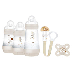 Set MAM Nou-născut, Set Cadou, format din: 2 x Biberoane Anti-Colic 160 ml, 1 x Biberon Anti-Colic 260 ml, 1 x Suzetă Original Start, 1 x Broșă pentru suzetă, de la 0 luni, Neutro