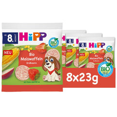HiPP økologiske majsvafler med jordbær (8 x 23 g), snack til babyer fra 8 måneder, kun sødet med frugt og grøntsager, glutenfri, bedste økologiske kvalitet