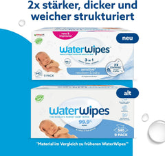 WaterWipes Sensitive+ vådservietter til nyfødte og babyer, 540 stykker (9 pakker), 3-i-1 rengøring, pleje, beskyttelse, 99,9 % vand, parfumefri