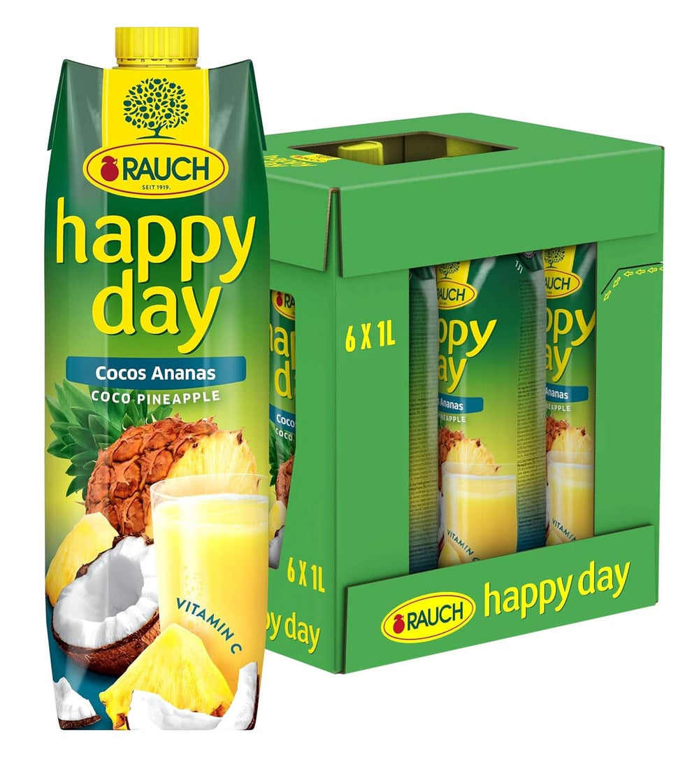 Rauch Happy Day kokos-ananas | En tur til Caribien | Ananas frugtjuice og kokosvand | 6 x 1 liter, Tetra Prisma Alkoholfri drikkevarer Naty Shop