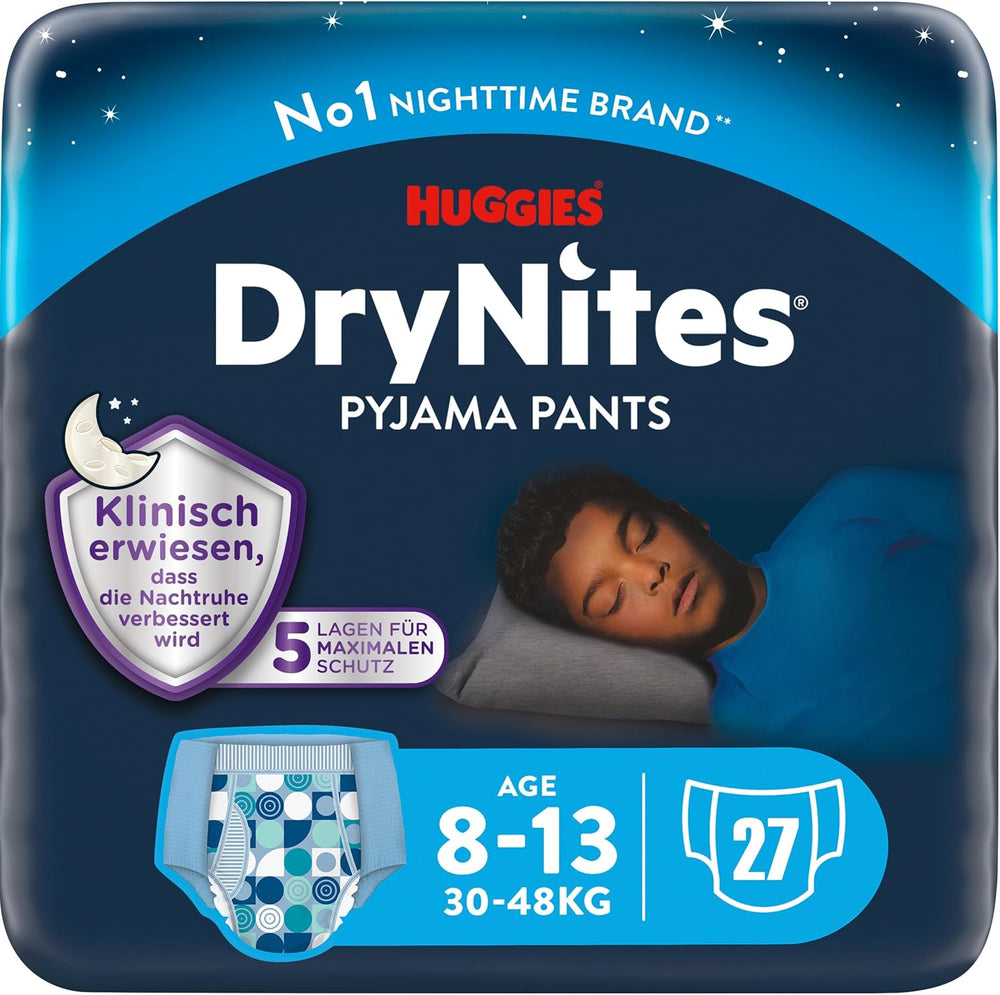 Huggies DryNites Super Absorberende Natbefugtningsbleer til drenge 8-13 år (30-48 kg) 27 Count (3 x 9 Count) Trussebleer