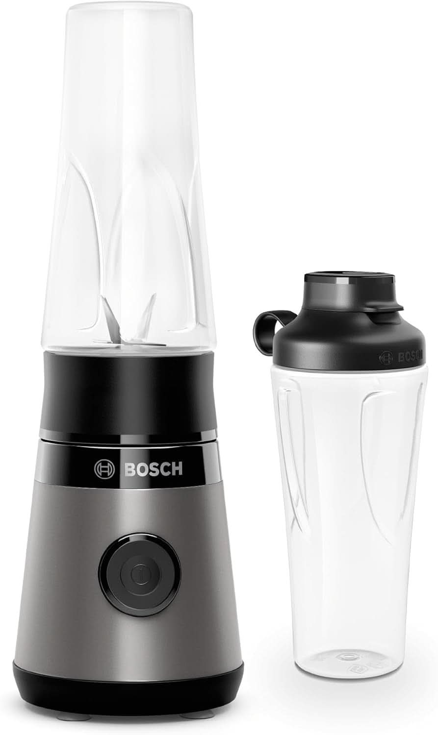 Bosch Mini-Standmixer Vitapower Serie 2 MMB2111S, Highspeed-Mixer, Bis Zu 40.000 Rpm, Tritan Togo-Flasche 0,6 L, Trinkdeckel, Bruchsicher, Spülmasch.Geeignete Teile, 450W, Silber/Schwarz Kitchen Naty Shop Single Schwarz