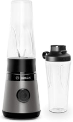 Bosch Mini-Standmixer Vitapower Serie 2 MMB2111S, Highspeed-Mixer, Bis Zu 40.000 Rpm, Tritan Togo-Flasche 0,6 L, Trinkdeckel, Bruchsicher, Spülmasch.Geeignete Teile, 450W, Silber/Schwarz Kitchen Naty Shop Single Schwarz