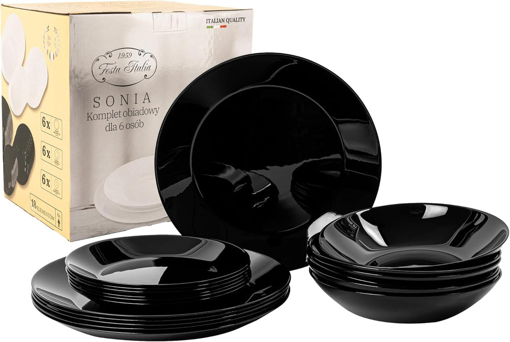 Set de veselă pentru 6 persoane - 18 piese - Set de farfurii din sticlă opal - Set de veselă neagră - Set de bol și farfurie - Veselă modernă - Farfurii - Serviciu de masă - Set de veselă pentru 6 persoane