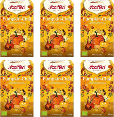 Yogi Tea - Pumpkin Chai, ceai ayurvedic organic cu mirodenii și plante, fără cofeină din natură, amestec de dovleac, ghimbir și portocală, Yogi Tea pachet de 6, 6X17 pliculețe (102 pliculețe de ceai în total)