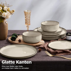 Set de veselă pentru 6 persoane, serviciu de cină din gresie cu 18 piese, set combinat, 6 farfurii de cină, 6 farfurii de desert, 6 boluri pentru cereale, antizgârieturi și potrivit pentru cuptorul cu microunde - Karst Khaki