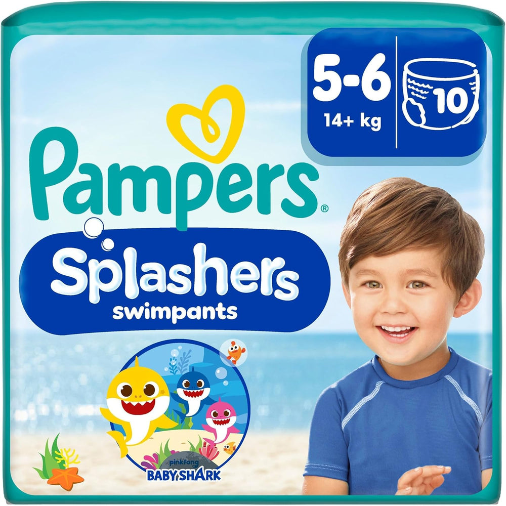 Pampers Størrelse 5-6 Splashers Baby Shark Limited Edition 10 Pack Engangs svømmebleer til sikker vandbeskyttelse