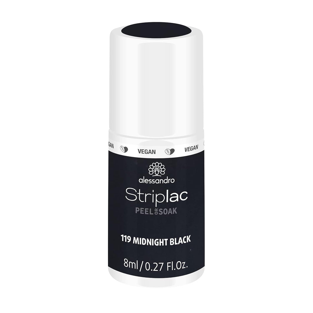 UV-neglelak alessandro Striplac Midnight Black – Delikat og langtidsholdbar – Nem fjernelse takket være peel-off fjernelsesteknologi – Vegansk og grusomhedsfri – 8 ml