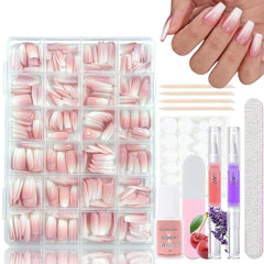 Set 360 de bucăți de unghii false cu balerină în gradient, unghii artificiale cu gradient roz și alb pentru lipire cu 2 bucăți de stilouri cu ulei pentru unghii, unghii false medii ombre pentru femei DIY