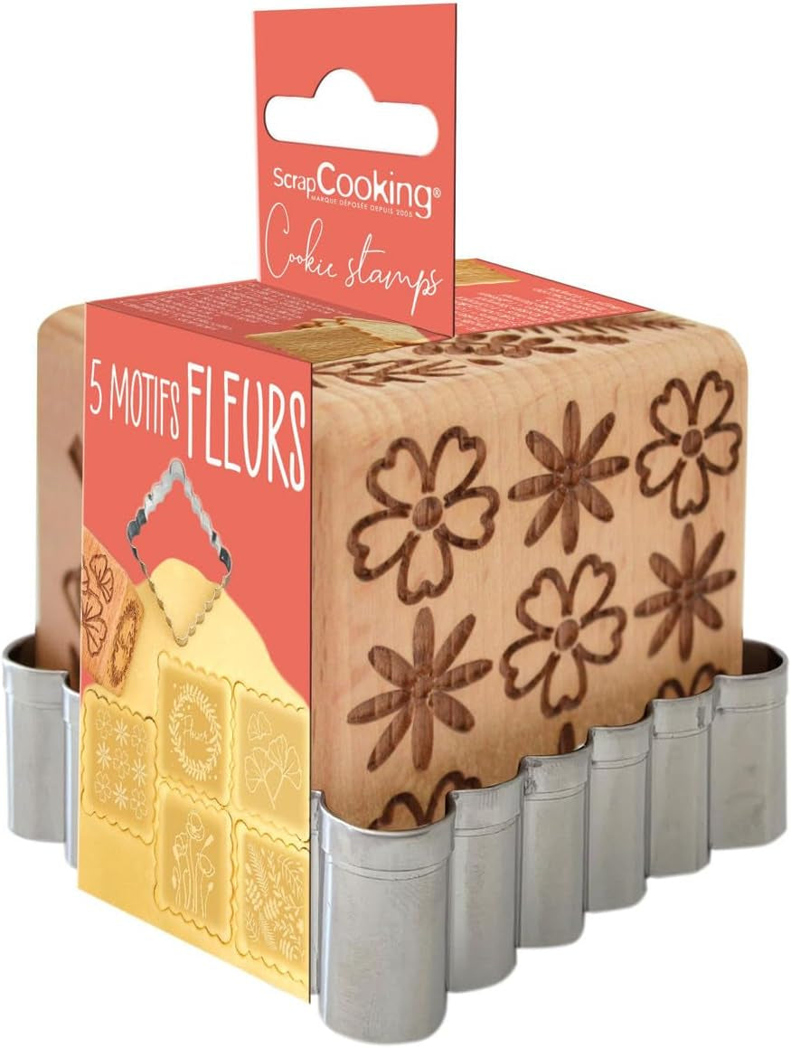 Ștampilă de copt din lemn ScrapCooking cu motive florale, inclusiv 1 formă de biscuiți și model floral gravat pe 5 fețe în relief -5122