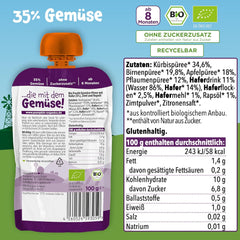 Pumpkin Organics Bio Gemüse-Getreide-Quetschie Kürbis, Birne, Apfel, Pflaume, Hafer ohne Zuckerzusatz¹ - ab 8 Monaten - as Snack eller Beikost für unterwegs (100g)