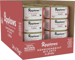 Applaws Premium Natural Hrană Umedă pentru Pisici, Pui cu Rață în Supă, Conservă 70g (24x70g)