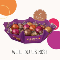merci lovelies Cremet – 1 x 185g – Æske praliner med 4 fyldte chokoladespecialiteter – Chokoladekugler til at dele og give i gave