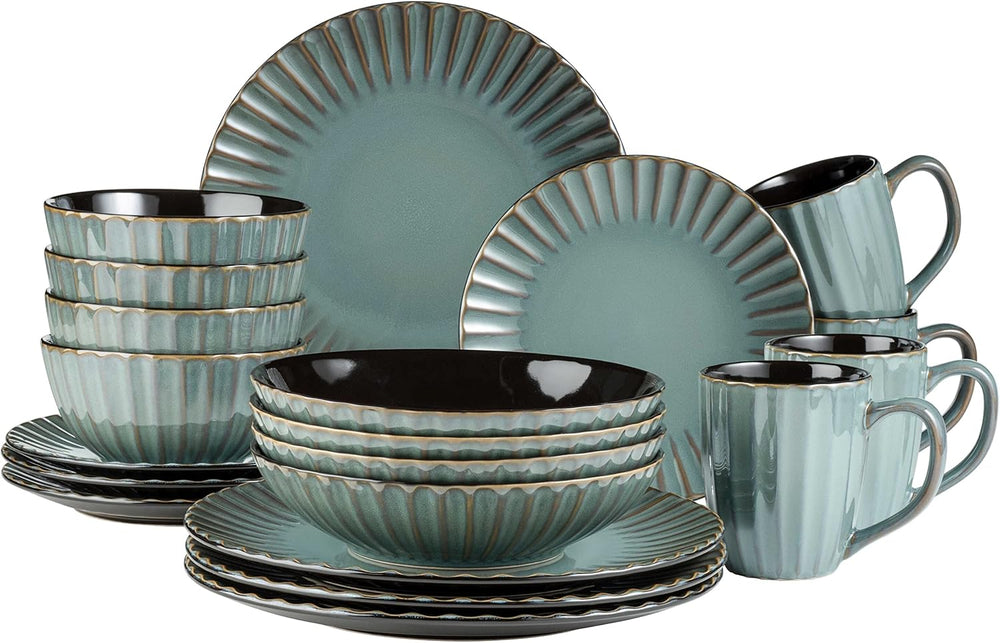 Set de veselă MÄSER 931964 Confino Series pentru 4 persoane, aspect vintage modern, set combinat din ceramică, 20 de piese, culoare petrol cu accente negre, gresie