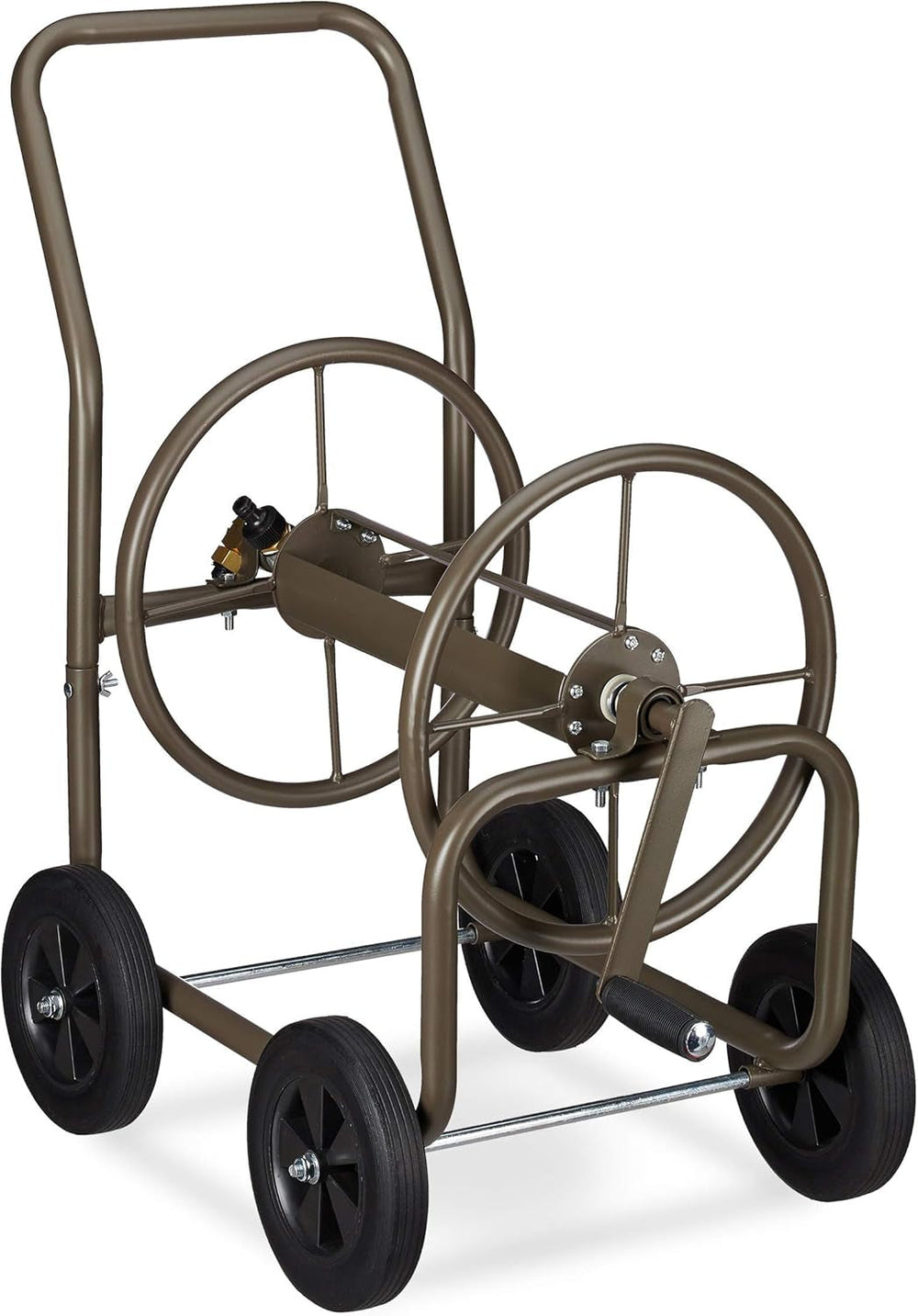 Cărucior furtun Relaxdays XL, rolă mobilă pentru furtun, metal, pentru furtun de 60 m, 4 roți, cu manivelă, derulare la 90°, maro