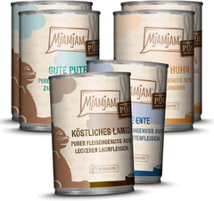 MjAMjAM - Hrană umedă premium pentru pisici - Pachet Mix V - Plăcere pură cu carne, pachet de 6 (6 x 400 g), fără cereale cu extra carne