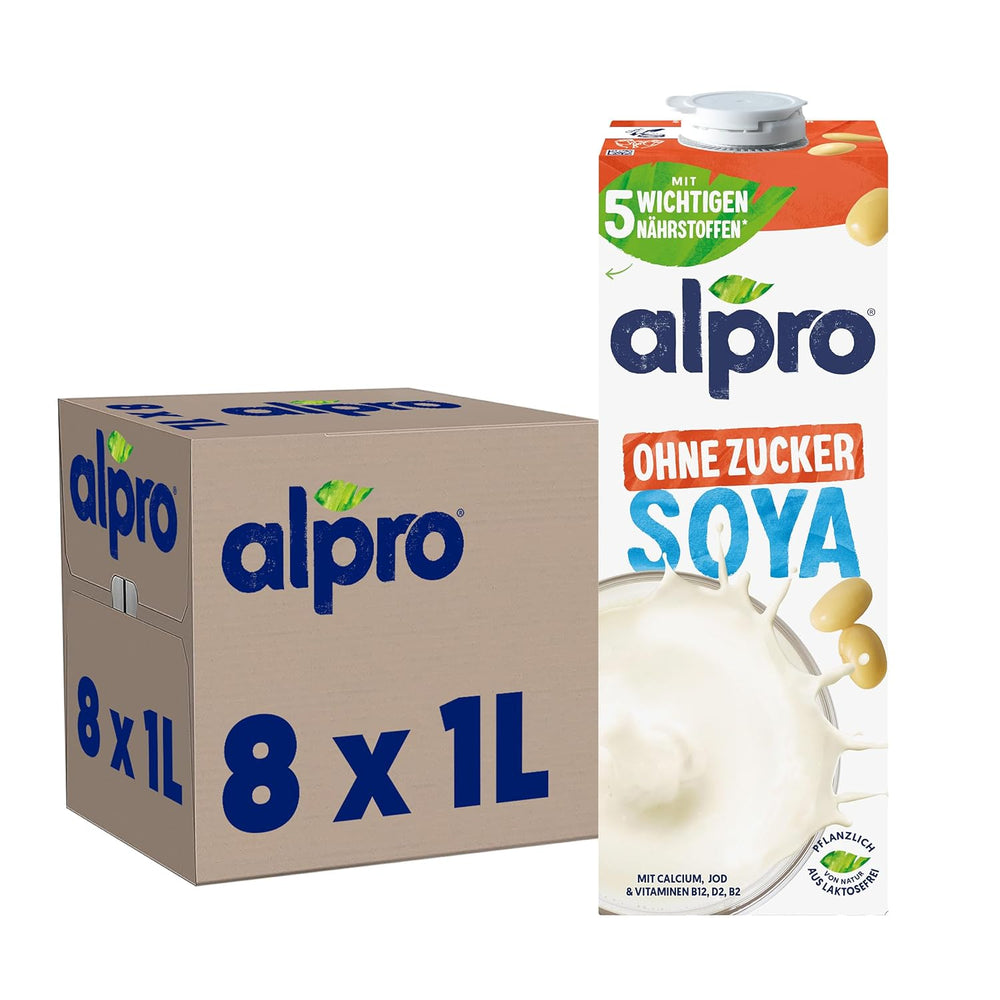 Alpro Sojadrink – Vegan und Milchfrei – Von Natur aus laktosefrei und fettarm – Rich and pflanzlichen Proteinen, inhalt Calcium and Vitamine – 8 x 1 L – Haltbar