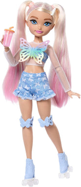 Barbie Dream Besties Puppe und Zubehörteile, bewegliche Barbie Malibu Rollschuh-Modepuppe mit blondem Haar, 9 Teile zum Thema Make-up, JFX96