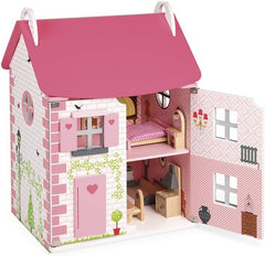 Janod - Casa de păpuși din lemn Mademoiselle, 3 etaje și cu 11 accesorii, replică de jucărie, dezvoltă imaginația, de la 3 ani, J06581, roz Casute de papusi Naty Shop Clasic