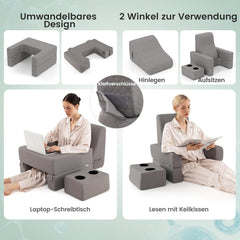 Pernă de citit pentru pat și canapea, pernă pentru cărți, combinabilă liber cu suport pentru băuturi și husă lavabilă, pernă reglabilă pentru biroul laptopului pentru citit, jocuri, lucru, scris (gri)