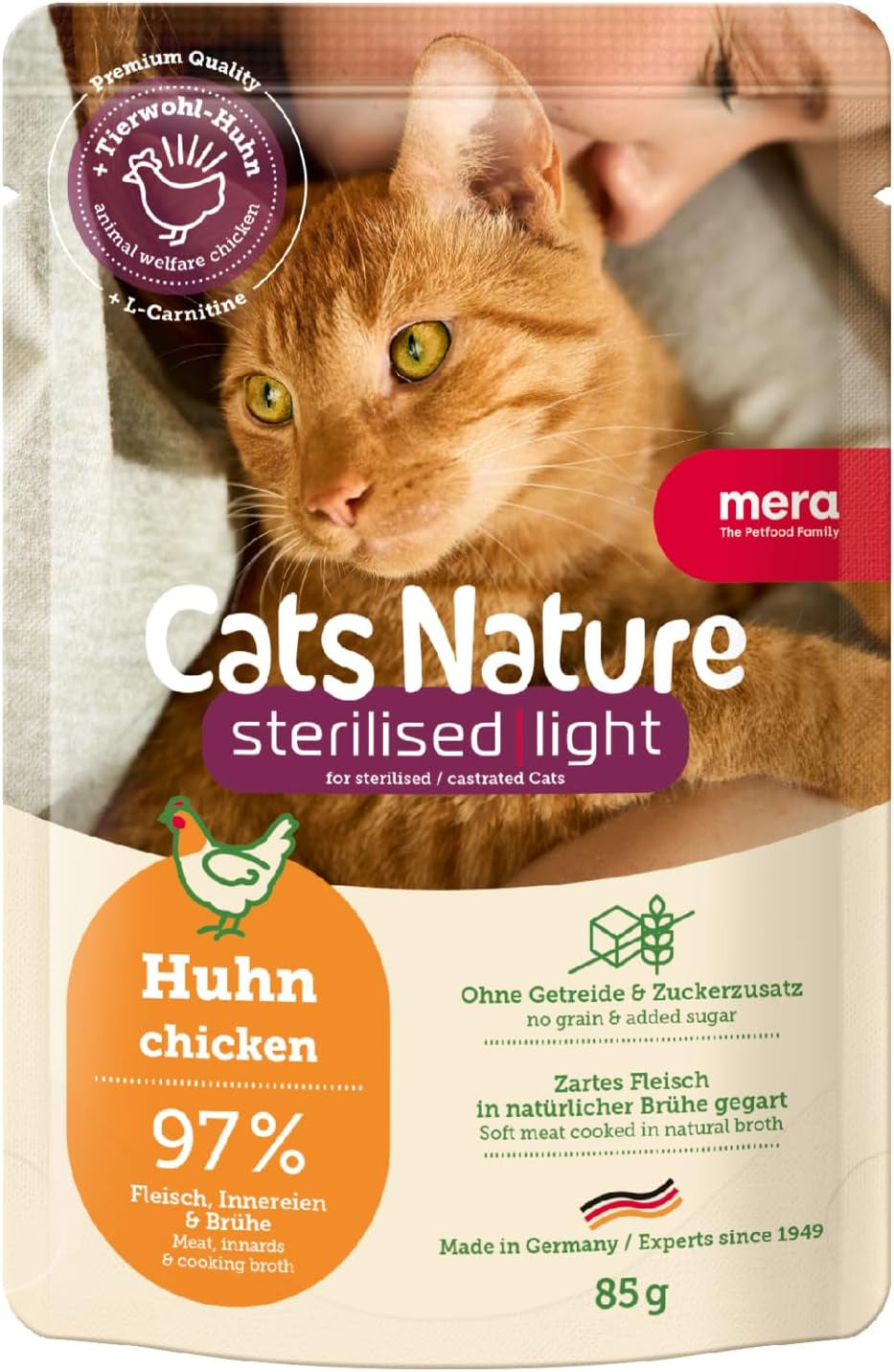 MERA Cats Nature Hrană umedă sterilizată/ușoară cu pui 12x85g | Pentru pisici sterilizate/castrate | Fără zahăr și cereale | Hrană umedă cu conținut scăzut de grăsimi, conținut ridicat de carne
