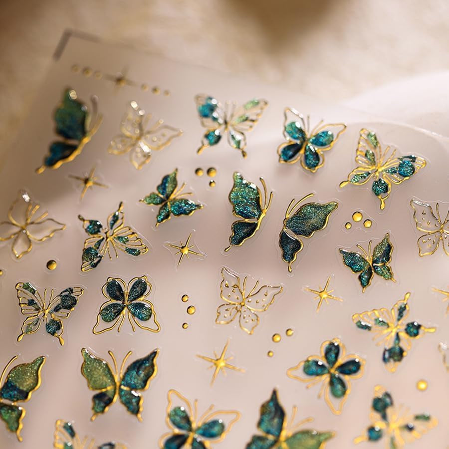 2 Blätter 5D Schmetterling Nagelsticker Selbstklebend, Nagelsticker Gold Rand, Nagel Designing Zubehör, Nail Art Stickers, Schmetterlinge Deko Nagelaufkleber, Nageltattoos