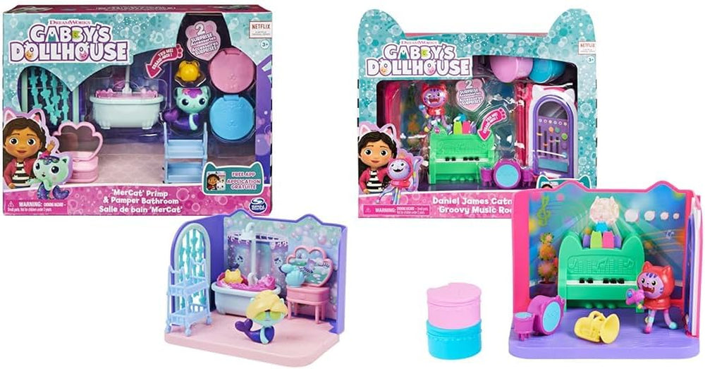 Camera Deluxe a casei de păpuși Gabby, Camera cu muzică groovy și Camera Deluxe, Baie elegantă și răsfățată, Baie cu pisoi de mare